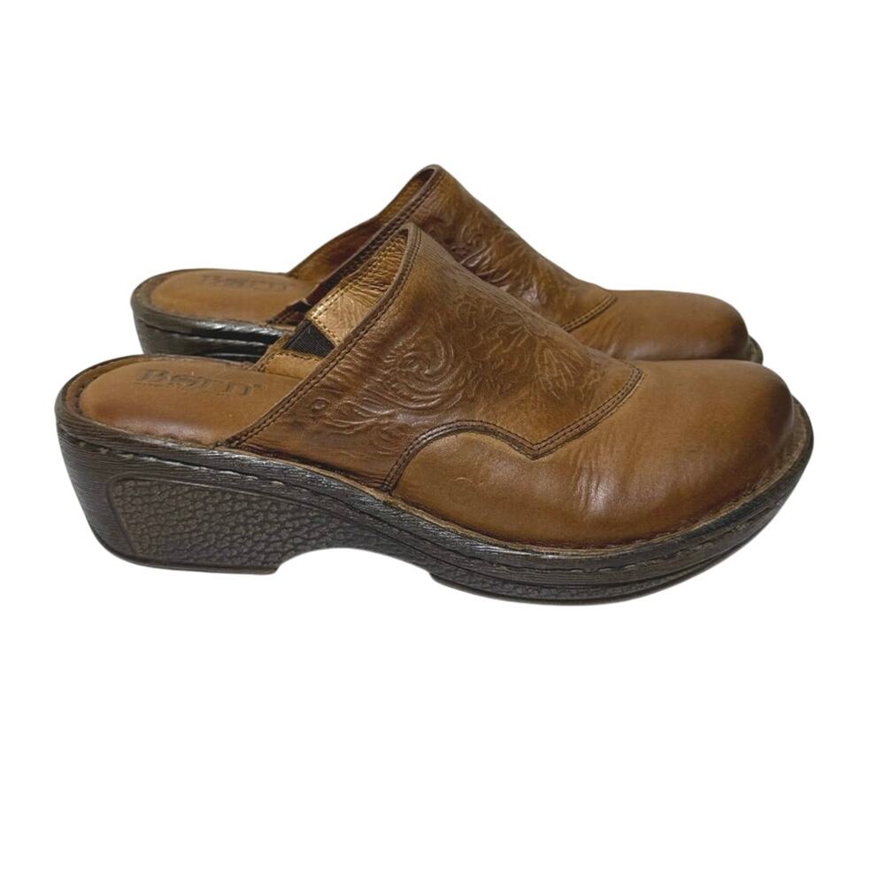 Born Women's Size 7  Brown Soft Finished Tooled Leather Slip On Mules